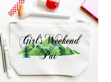 Load image into Gallery viewer, Mountain Party Make Up bag. Great Bachelorette or Girls Weekend Favors. Bachelorette Plaid Weekend Make up Bag.
