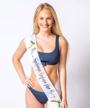 Load image into Gallery viewer, Palm Springs 4" Bridal Sash. Beach Bachelorette Sash. Bride to be Sash. Tropical Bridal Shower Satin Sash. Bridal Shower Gift.