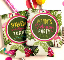Load image into Gallery viewer, Flamingle Beverage Huggers. Beach Party Favors. Custom Tropical Birthday or Bachelorette Party Favors. Beach Party Favors!