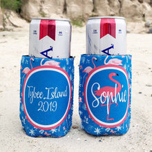 Load image into Gallery viewer, Blue Flamingo Party Huggers. Beach Birthday or Girls Weekend. Slim Flamingle Bachelorette Party Favors. Personalized Beach Flamingo Favors.