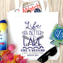 Load image into Gallery viewer, Lake Life Tote bag. River Bachelorette or Girls Weekend Tote Bag. Custom Lake Wedding Welcome Favor Bag. Girls Weekend Beach Bag!