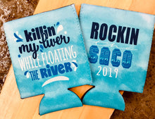 Load image into Gallery viewer, Rocking the River Watercolor Huggers. Float Bachelorette Party Favors. Personalized River Float Favors. Killing my liver floating the river.