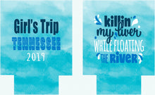 Load image into Gallery viewer, Rocking the River Watercolor Huggers. Float Bachelorette Party Favors. Personalized River Float Favors. Killing my liver floating the river.