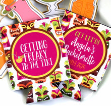 Load image into Gallery viewer, Tiki Party Huggers.Tropical Bachelorette or Birthday Luau Favors. Personalized Tiki Bar Party Huggers. Luau Wedding Shower Huggers! Tiki Bar