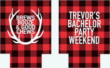 Load image into Gallery viewer, Buffalo Plaid Antler Party Huggers. Plaid Bachelorette Party Favors! Family Vacation Flannel Party Huggers. Lumberjack Party! Flannel Fling!