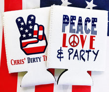 Load image into Gallery viewer, Red White and Blue Party Huggers. USA Theme Birthday Party Huggers. Bachelor Party Favors. 70's theme Party Favors. Red White and Blue Party