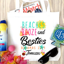 Load image into Gallery viewer, Beach Party Tote bag. Beach Booze Besties Party Favors! Bachelorette or Girls Beach Weekend Tote Bag. Miami, Florida, Cabo Party Favor Bag.