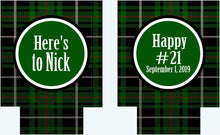 Load image into Gallery viewer, Blackwatch Plaid Party Huggers. Personalized Family Ski Vacation Coolies. Bachelorette or Bachelor Plaid Party coolers. Plaid party favors