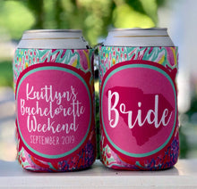 Load image into Gallery viewer, Floral Party Can Coolies. Tropical Flowers Beverage Insulators.Monogram Bridesmaid or Bachelorette Party Favors.Girl's Weekend Beach Favors.
