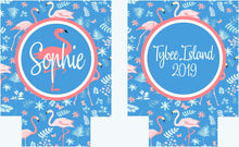 Load image into Gallery viewer, Blue Flamingo Party Huggers. Beach Birthday or Girls Weekend. Slim Flamingle Bachelorette Party Favors. Personalized Beach Flamingo Favors.
