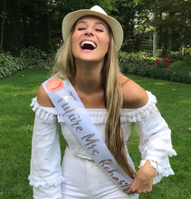 Load image into Gallery viewer, Bride Peach 4" Satin Sash. Savannah, Atlanta Bachelorette Satin Sash. Bachelorette Party. Bride to be Sash. Future Mrs. Sash. Peach Sash