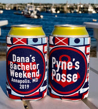 Load image into Gallery viewer, Nautical Signal Flag Huggers. Nautical Wedding Coolies! Personalized Boating Huggers. USA Party favors. Sailing Can coolers.
