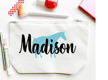Load image into Gallery viewer, Equestrian Personalized Make Up bag. Hunter Jumper Gift Dressage 3 Day Event Make up Bag. Personalized Equestrian Team Gift! Horse Birthday