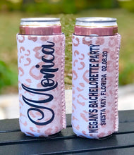 Load image into Gallery viewer, Rose Gold Slim Leopard Party Huggers. Skinny Can Bachelorette or Birthday. Leopard Bachelorette Party Favors. Personalized Slim Huggers!