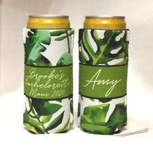 Load image into Gallery viewer, Palm Leaves slim Party Huggers. Tropical Wedding or Bachelorette Party Favors. Girl's Weekend Family Vacation Beach Favors.