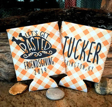 Load image into Gallery viewer, Friendsgiving Gingham Party Huggers. Thanksgiving Party Favors. Turkey Party Coolies. Thanksgiving Wedding Shower Coolies!