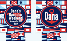 Load image into Gallery viewer, Nautical Signal Flag Huggers. Nautical Wedding Coolies! Personalized Boating Huggers. USA Party favors. Sailing Can coolers.