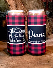 Load image into Gallery viewer, Plaid Slim party huggers. Skinny can party favors. Personalized Birthday or Bachelorette Party Favors. Slim Can Plaid Girls weekend favors!