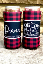 Load image into Gallery viewer, Plaid Slim party huggers. Skinny can party favors. Personalized Birthday or Bachelorette Party Favors. Slim Can Plaid Girls weekend favors!