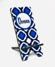 Load image into Gallery viewer, Blues Quatrefoil Cell Phone Stand. Monogram Cell Stand, Fits most Cell phones. Great teacher, mother, sister gift! Personalized gift.