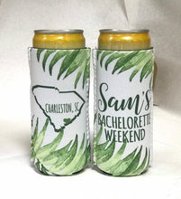 Load image into Gallery viewer, Palm Leaves Slim Party Huggers. Tropical Wedding or Bachelorette Party Favors. Girl's Weekend Family Vacation Beach Favors.