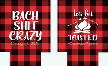 Load image into Gallery viewer, Plaid Get Toasted Party Huggers. Plaid Bachelorette or Birthday Party Favors too! Plaid Camping Party Huggers. Flannel & Fizz