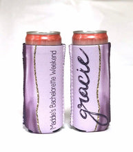 Load image into Gallery viewer, Slim party huggers. Skinny can party favors. Personalized Birthday or Bachelorette Party Favors. Slim Can purples bachelorette party!