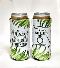 Load image into Gallery viewer, Palm Leaves Mile 0 Key West Party Huggers. Slim Can Wedding or Bachelorette Party Favors. Key West Girl's Weekend or Family Vacation .