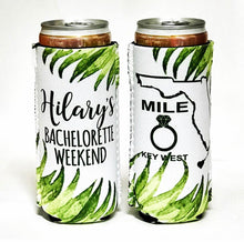 Load image into Gallery viewer, Palm Leaves Mile 0 Key West Party Huggers. Tropical Wedding or Bachelorette Party Favors. Key West Girl's Weekend or Family Vacation .