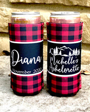Load image into Gallery viewer, Plaid Slim party huggers. Skinny can party favors. Personalized Birthday or Bachelorette Party Favors. Slim Can Plaid Girls weekend favors!