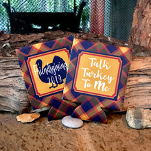 Load image into Gallery viewer, Friendsgiving Plaid Party Huggers. Thanksgiving Party Favors. Turkey Party Coolies. Thanksgiving Wedding Shower Coolies!