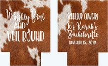 Load image into Gallery viewer, Western Cowhide Bachelorette or Birthday Slim Can Favors. Personalized Austin or Nashville Party. Custom Colorado Western Wedding Favors.