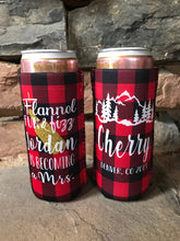 Load image into Gallery viewer, Plaid Slim party huggers. Skinny can Mountain Personalized Birthday or Bachelorette Party Favors. Slim Can Asheville bachelorette party!