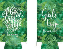 Load image into Gallery viewer, Aloha Vibes Palm Leaves Slim Party Huggers. Hawaii Wedding or Bachelorette Party Favors. Girl's Weekend Family Vacation Beach Favors.