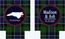 Load image into Gallery viewer, Blackwatch Plaid Party Huggers. Personalized Family Ski Vacation Coolies. Bachelorette or Bachelor Plaid Party coolers. Plaid party favors