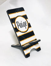 Load image into Gallery viewer, Black and Gold "Glitter" Stripes Phone Stand