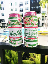 Load image into Gallery viewer, Floral Slim party huggers. Skinny can party favors. Personalized Birthday or Bachelorette Party Favors. Slim Can bachelorette party!