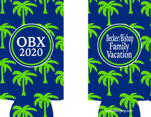Load image into Gallery viewer, Navy Palm Tree Vacation Huggers. Bachelorette or Birthday Beach Favors. Slim Beach Bachelorette Party Favors.Personalized vacation Huggers!