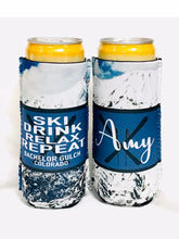 Load image into Gallery viewer, Ski Trip Huggers. Personalized Ski Family Vacation Favors. Custom Bachelorette Ski coolers. Bachelor Party Ski Weekend favors