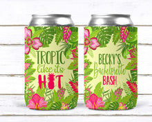 Load image into Gallery viewer, Bright Jungle Beverage Huggers. Tropical Party Favors. Custom Beach Birthday or Bachelorette Party Favors. Tropic like its Hot Party Favors!