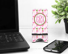 Load image into Gallery viewer, Flamingo and Palms Monogram Cell Phone Stand. Flamingo Cell Stand, Fits most Cell phones, I phone dock for Desks, Night Stands, Counters!