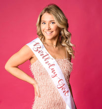 Load image into Gallery viewer, Birthday Girl Glitter Vinyl Sash. Double faced Satin. The Birthday Girl will love her Satin sash with Rose Gold, Gold or Silver writing !