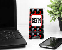 Load image into Gallery viewer, Hockey Cell Phone Stand. Guys Hockey Cell Phone Stand, Hockey gift! Hockey team gift. hockey dad gift. Hockey mom gift. Custom hockey gift.