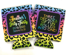 Load image into Gallery viewer, 80's Theme Party Huggers. Neon 80's Birthday or Bachelorette Huggers. Retro Birthday Coolies. Leopard Print favors! Dirty 30 party!