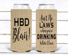 Load image into Gallery viewer, Burlap Slim party favors. 21 30 40 50 Birthday Party Huggers! Custom Bachelor Party Gifts. Bachelorette Burlap Slim Can Party Favors.