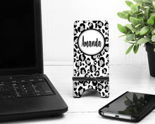 Load image into Gallery viewer, Snow Leopard Cell Phone Stand. Custom Leopard Cell Phone Stand, Fits most Cell phones, Great Personalized Gift. Teacher Gift! Co Worker Gift