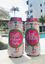 Load image into Gallery viewer, Flamingo Slim Can Beverage Huggers. Custom Birthday or Bachelorette Party Favors. Personalized Flamingo Party Favors!
