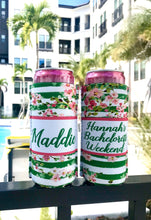Load image into Gallery viewer, Floral Slim party huggers. Skinny can party favors. Personalized Birthday or Bachelorette Party Favors. Slim Can bachelorette party!