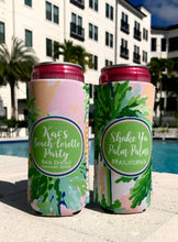 Load image into Gallery viewer, Palm Tree Sunset Huggers. Bachelorette or Birthday Beach Party Favors. Personalized Family Vacation Beach Coolies!
