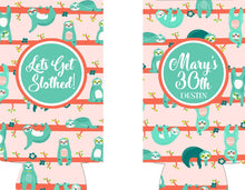 Load image into Gallery viewer, Sloth Slim Can Beverage Huggers. Custom Sloth Birthday or Bachelorette Party Favors. Personalized Sloth Theme Party Favors!